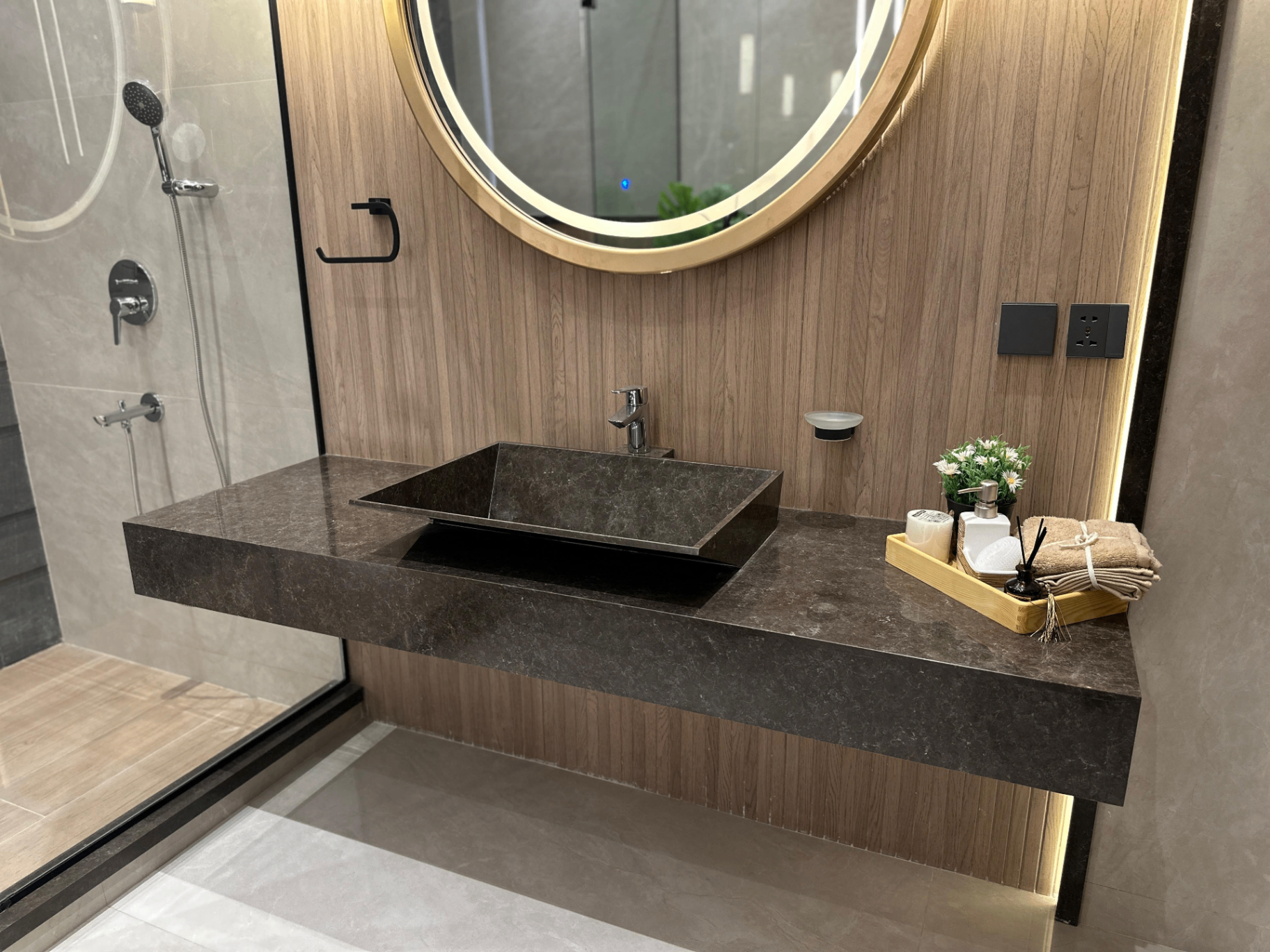 Double vanity with custom stone countertops