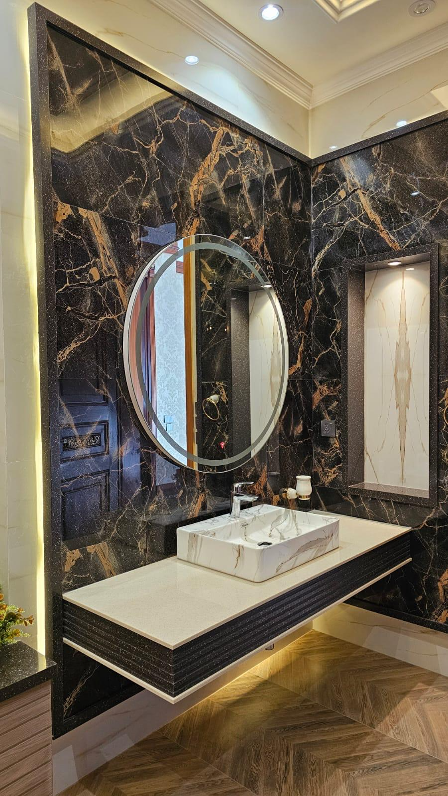 Stone countertop detail in a modern bathroom